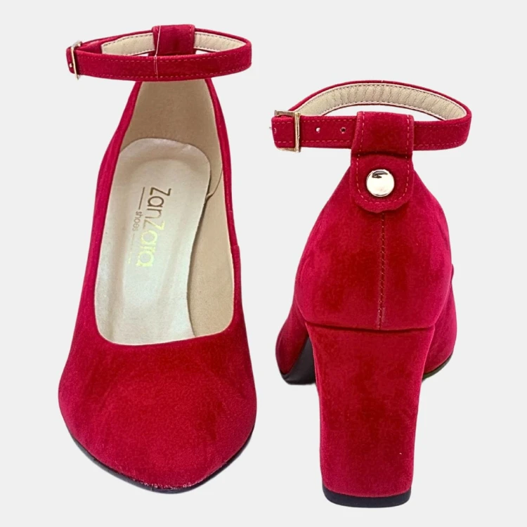 Czerwone czółenka zamszowe Zan Zara na słupku 6 cm z paskiem