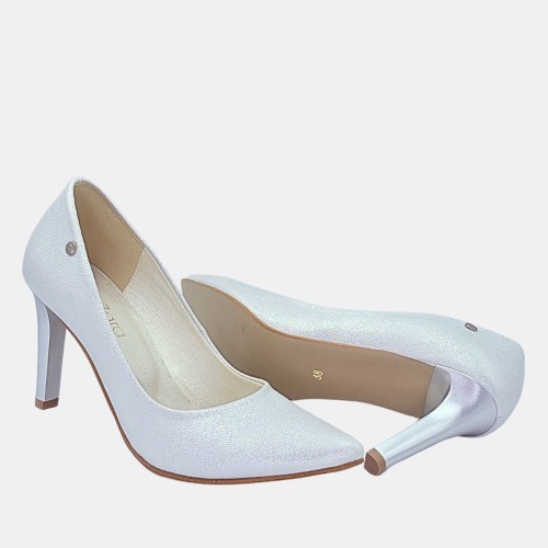 Szpilki perłowo srebrne Zan Zara na srebrnym obcasie 8 cm