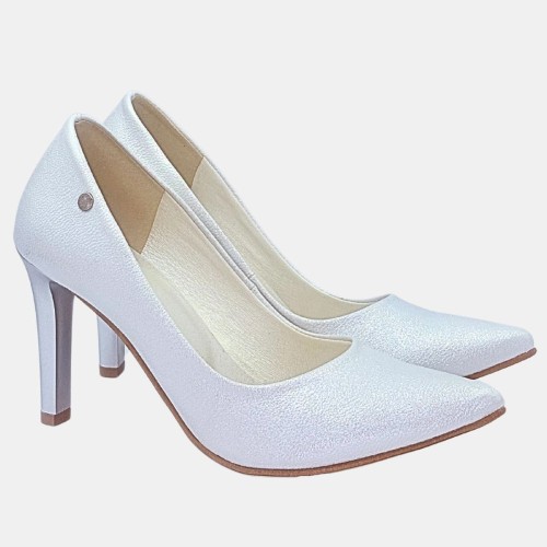 Szpilki perłowo srebrne Zan Zara na srebrnym obcasie 8 cm