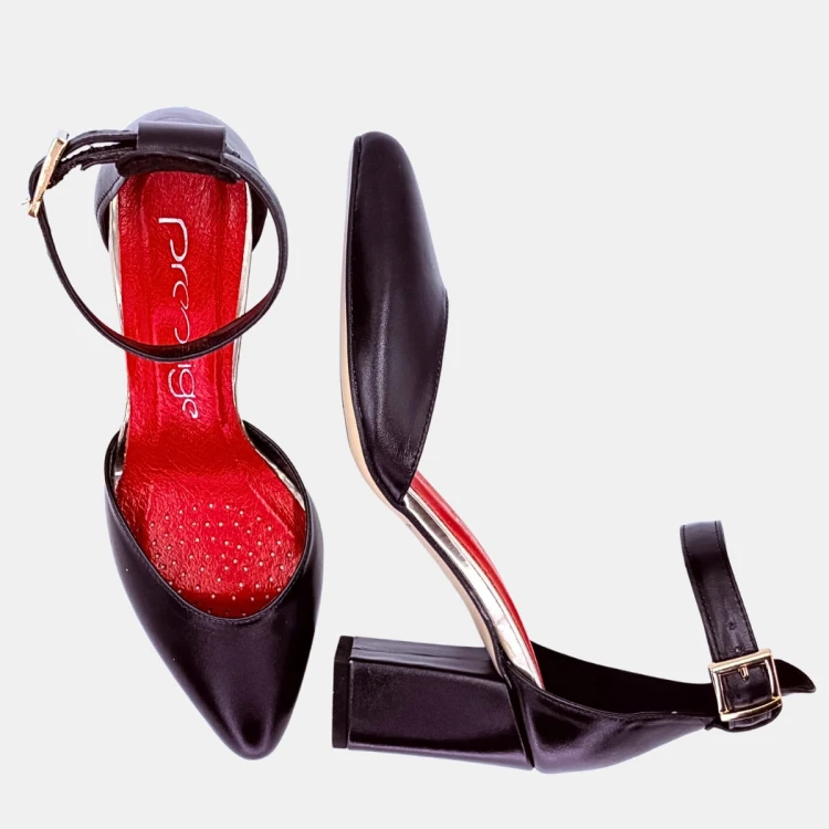 Czarne czółenka skórzane PRESTIGE na słupku 7 cm – z paskiem, migdałowy nosek, eleganckie wnętrze