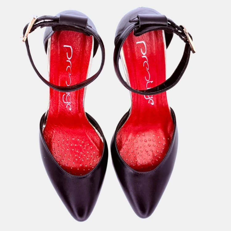 Czarne czółenka skórzane PRESTIGE na słupku 7 cm – z paskiem, migdałowy nosek, eleganckie wnętrze