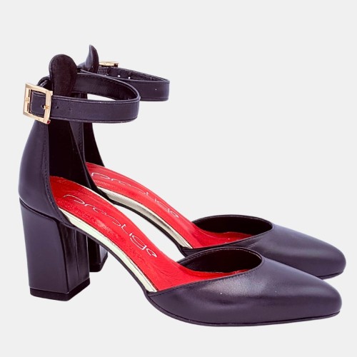 Czarne czółenka skórzane PRESTIGE na słupku 7 cm – z paskiem, migdałowy nosek, eleganckie wnętrze