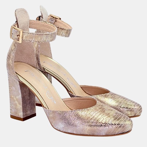 Złote czółenka ze skóry naturalnej na słupku 8,5 cm | PRESTIGE – elegancja na wyjątkowe okazje