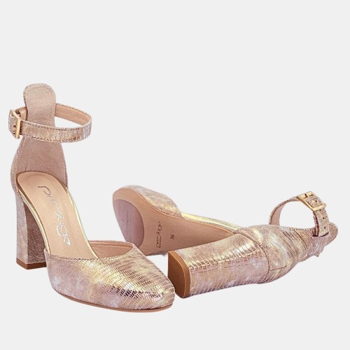 Złote czółenka ze skóry naturalnej na słupku 8,5 cm | PRESTIGE – elegancja na wyjątkowe okazje