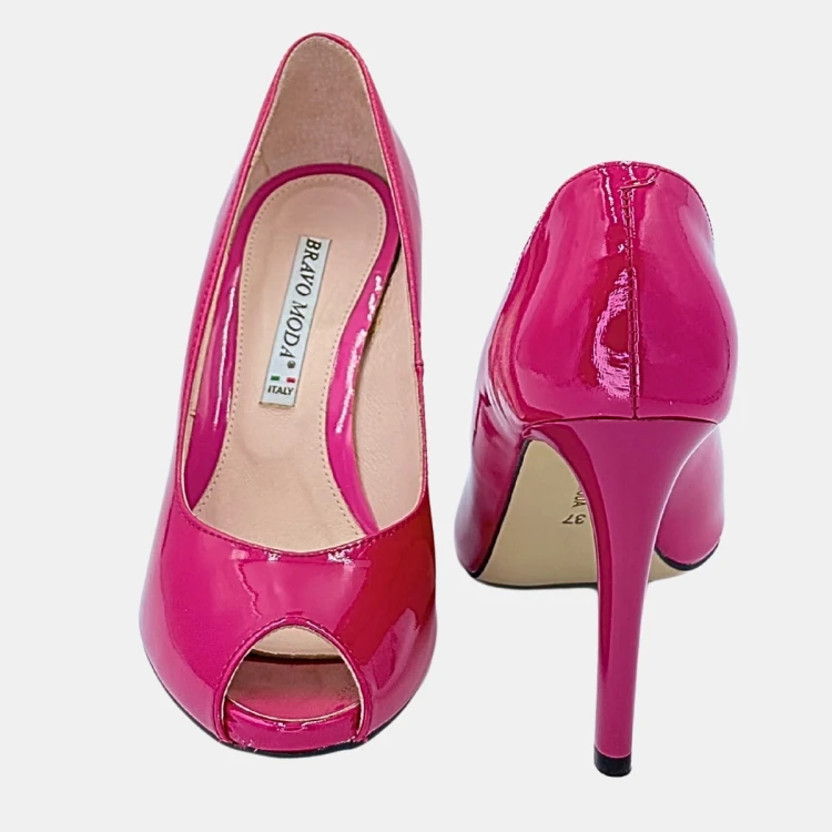 Eleganckie szpilki fuksja na podsuwce BRAVO MODA – skóra lakierowana, obcas 9,5 cm