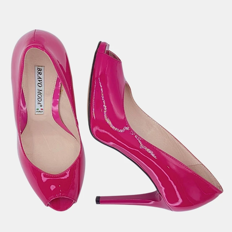 Eleganckie szpilki fuksja na podsuwce BRAVO MODA – skóra lakierowana, obcas 9,5 cm