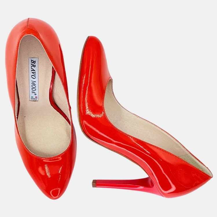 Eleganckie szpilki pomarańczowe BRAVO MODA – skóra lakierowana, obcas 9 cm