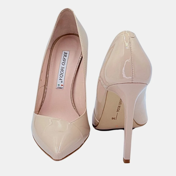 Eleganckie szpilki pudrowy róż lakierowane – skóra naturalna 10,5 cm BRAVO MODA