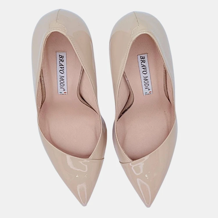 Eleganckie szpilki pudrowy róż lakierowane – skóra naturalna 10,5 cm BRAVO MODA