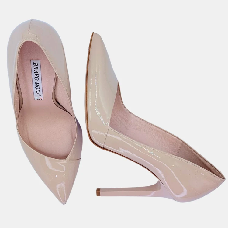 Eleganckie szpilki pudrowy róż lakierowane – skóra naturalna 10,5 cm BRAVO MODA