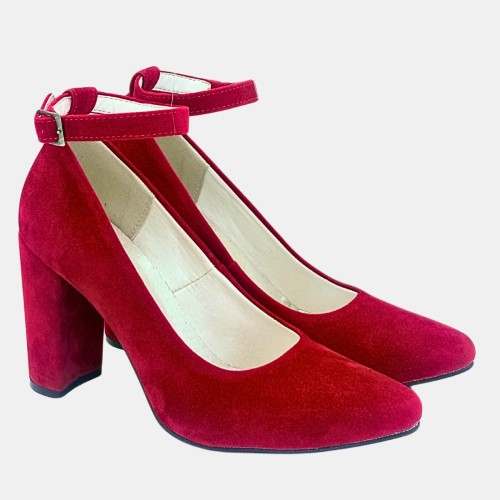 Czerwone czółenka Zan Zara zamszowe na slupku 9 cm z paskiem