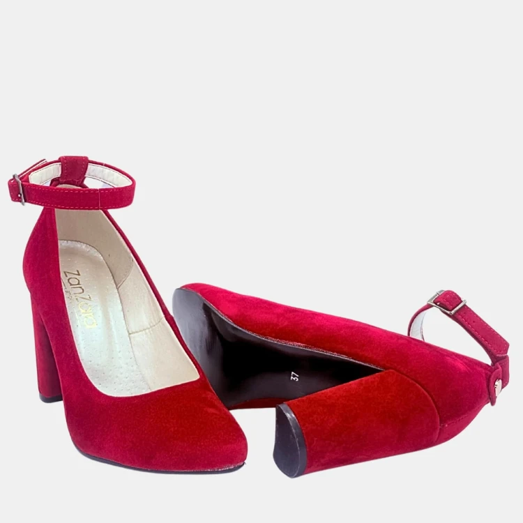 Czerwone czółenka Zan Zara zamszowe na slupku 9 cm z paskiem