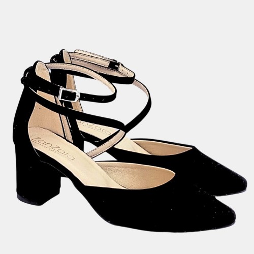 Czółenka czarne zamszowe ZAN ZARA na średnim słupku 6 cm z paskiem