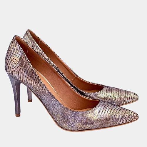 Złote czółenka na szpilce 9,5 cm ze skóry naturalnej PRESTIGE