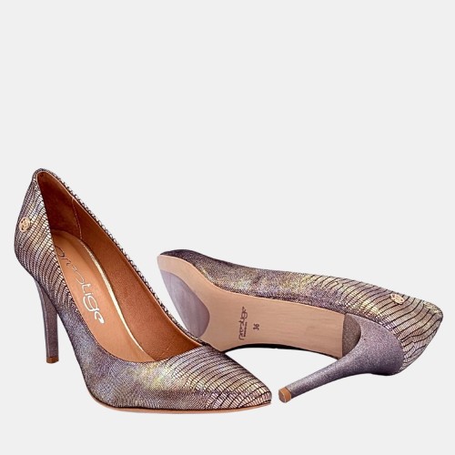 Złote czółenka na szpilce 9,5 cm ze skóry naturalnej PRESTIGE