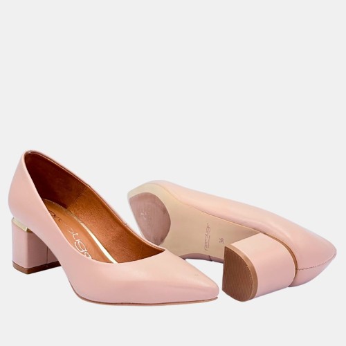 Beżowe czółenka na klocku 5 cm ze skóry naturalnej z złotą wstawką na obcasie– PRESTIGE