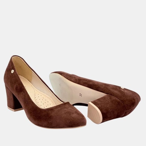 Ciemnobrązowe czółenka Zan Zara – zamszowa ekoskóra, obcas 6 cm