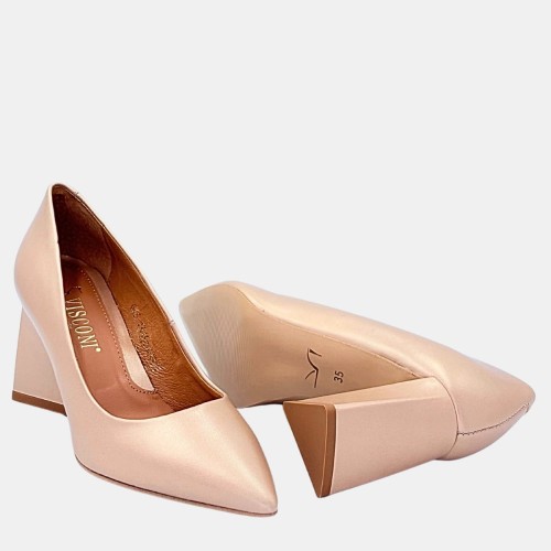 Jasnozłote czółenka VISCONI – skóra licowa, trójkątny obcas 7,5 cm