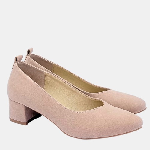 Beżowe czółenka ZAN ZARA – zamszowa ekoskóra, klocek 4 cm, wcięcie