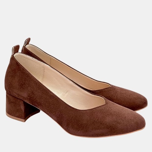 Brązowe czółenka ZAN ZARA – zamszowa ekoskóra, klocek 4 cm, wcięcie