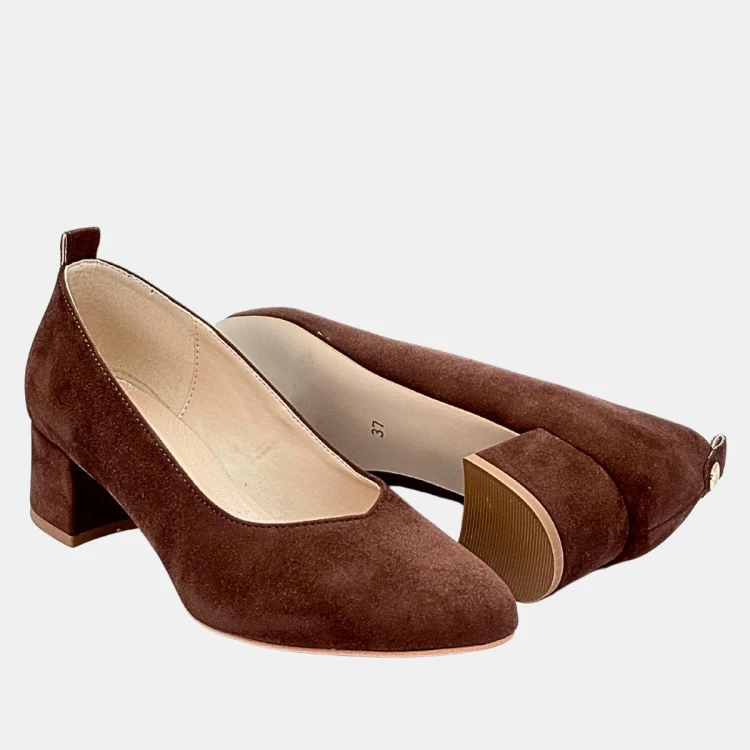 Brązowe czółenka ZAN ZARA – zamszowa ekoskóra, klocek 4 cm, wcięcie