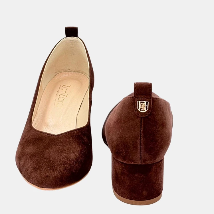 Brązowe czółenka ZAN ZARA – zamszowa ekoskóra, klocek 4 cm, wcięcie