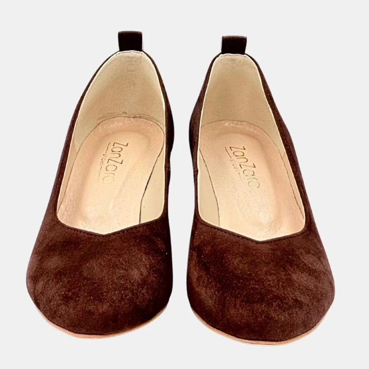 Brązowe czółenka ZAN ZARA – zamszowa ekoskóra, klocek 4 cm, wcięcie