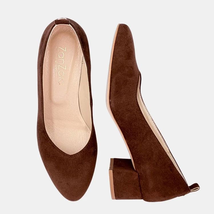 Brązowe czółenka ZAN ZARA – zamszowa ekoskóra, klocek 4 cm, wcięcie