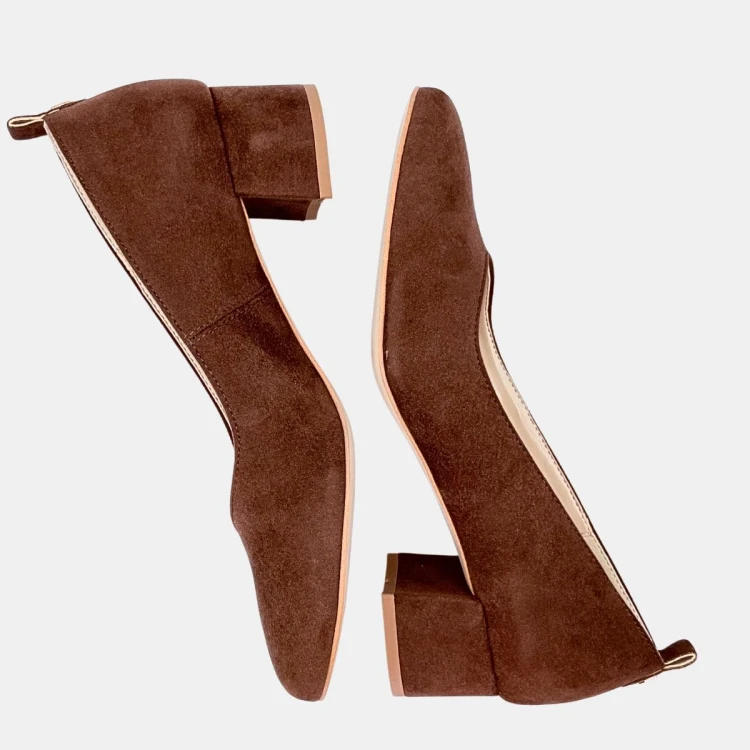 Brązowe czółenka ZAN ZARA – zamszowa ekoskóra, klocek 4 cm, wcięcie