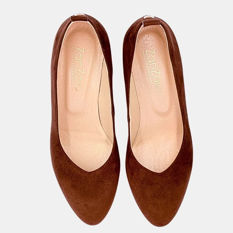 Brązowe czółenka ZAN ZARA – zamszowa ekoskóra, klocek 4 cm, wcięcie