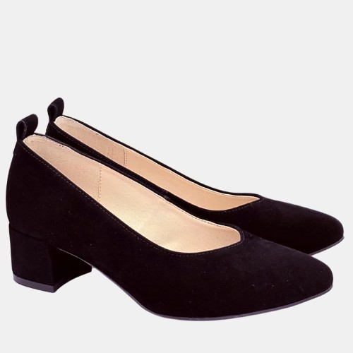 Czarne czółenka ZAN ZARA – zamszowa ekoskóra, klocek 4 cm, wcięcie