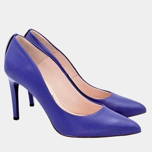 Niebieskie szpilki BRAVO MODA – skóra licowa, złoty pasek, obcas 9 cm