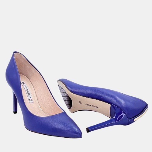 Niebieskie szpilki BRAVO MODA – skóra licowa, złoty pasek, obcas 9 cm