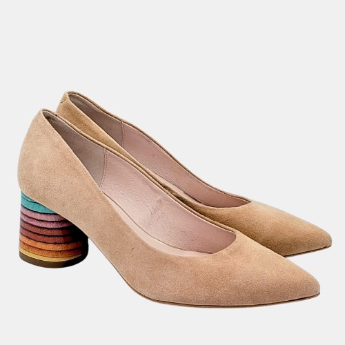 Beżowe czółenka BRAVO MODA – zamsz naturalny, kolorowy klocek 6 cm