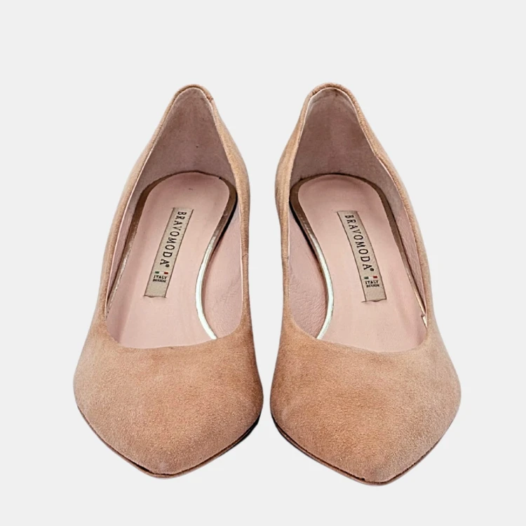 Beżowe czółenka BRAVO MODA – zamsz naturalny, kolorowy klocek 6 cm