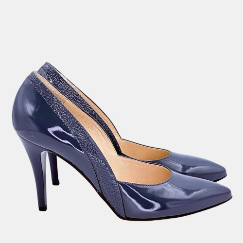 Niebieskie szpilki ANIS – skóra lakierowana, wzór, obcas 9 cm