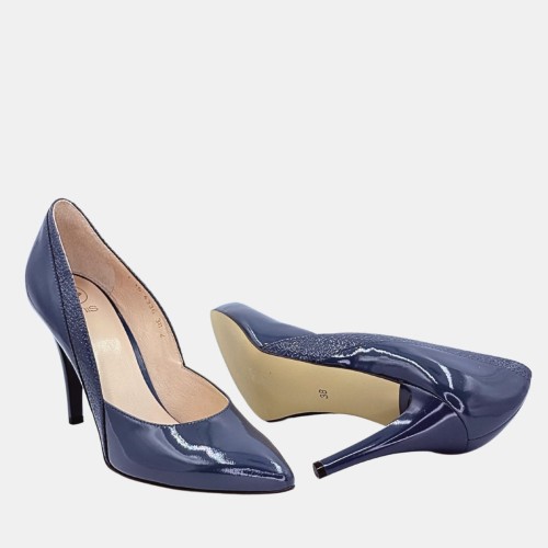 Niebieskie szpilki ANIS – skóra lakierowana, wzór, obcas 9 cm