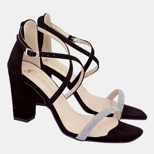 Eleganckie Czarne Sandały Damskie z Cyrkoniami i Obcasem Klocek 8,5 cm - STYLOWA PARA