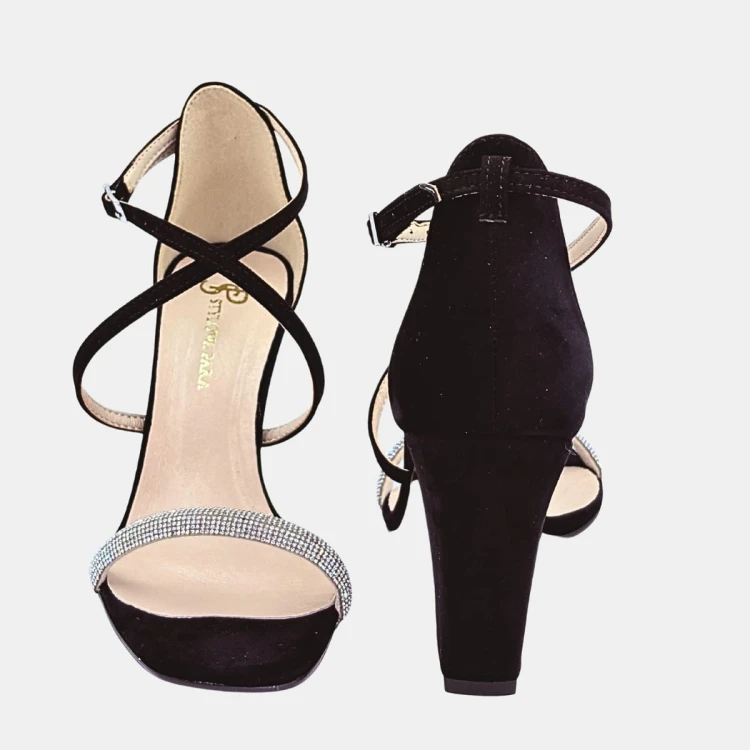Eleganckie Czarne Sandały Damskie z Cyrkoniami i Obcasem Klocek 8,5 cm - STYLOWA PARA