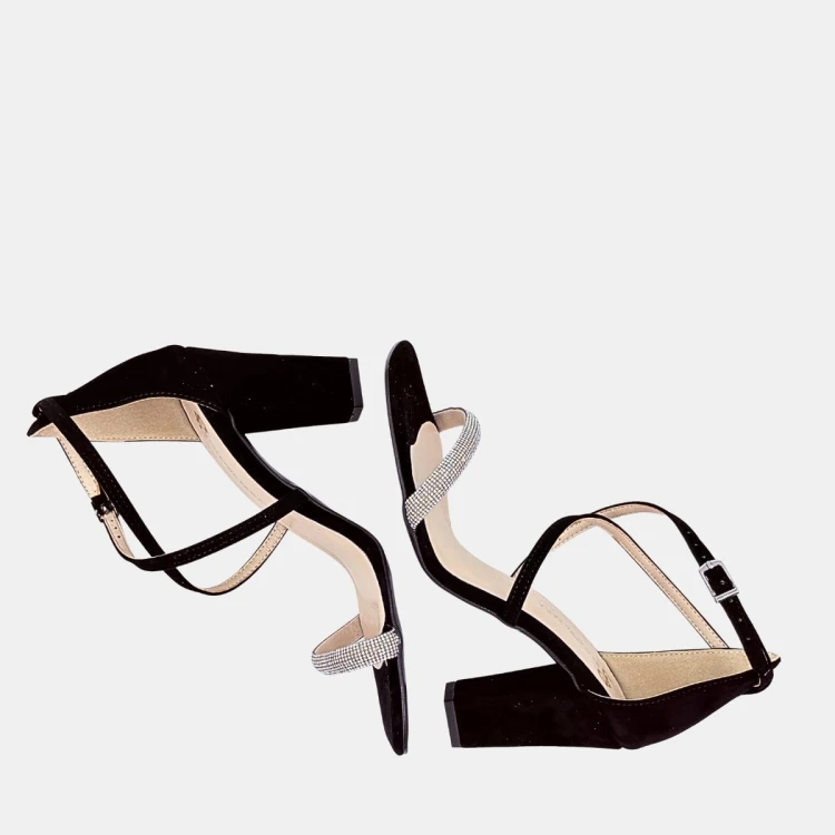 Eleganckie Czarne Sandały Damskie z Cyrkoniami i Obcasem Klocek 8,5 cm - STYLOWA PARA