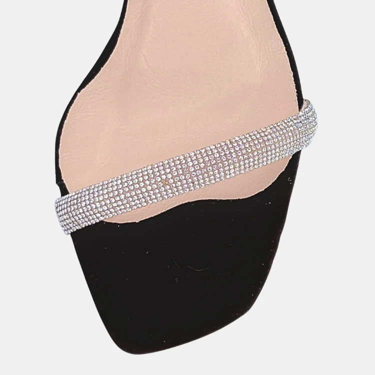 Eleganckie Czarne Sandały Damskie z Cyrkoniami i Obcasem Klocek 8,5 cm - STYLOWA PARA