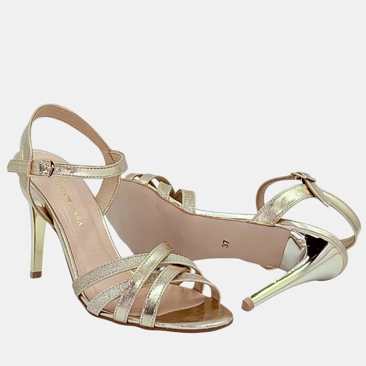 Złote Sandały Damskie STYLOWA PARA – Skóra Naturalna, Szpilka 10 cm