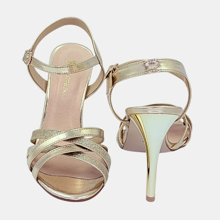 Złote Sandały Damskie STYLOWA PARA – Skóra Naturalna, Szpilka 10 cm