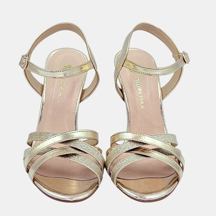 Złote Sandały Damskie STYLOWA PARA – Skóra Naturalna, Szpilka 10 cm