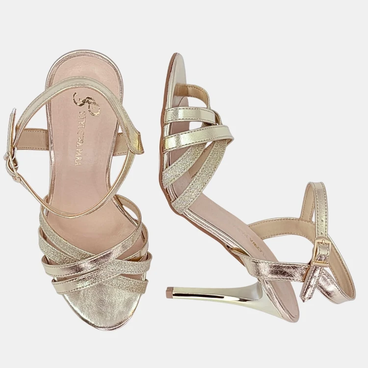 Złote Sandały Damskie STYLOWA PARA – Skóra Naturalna, Szpilka 10 cm