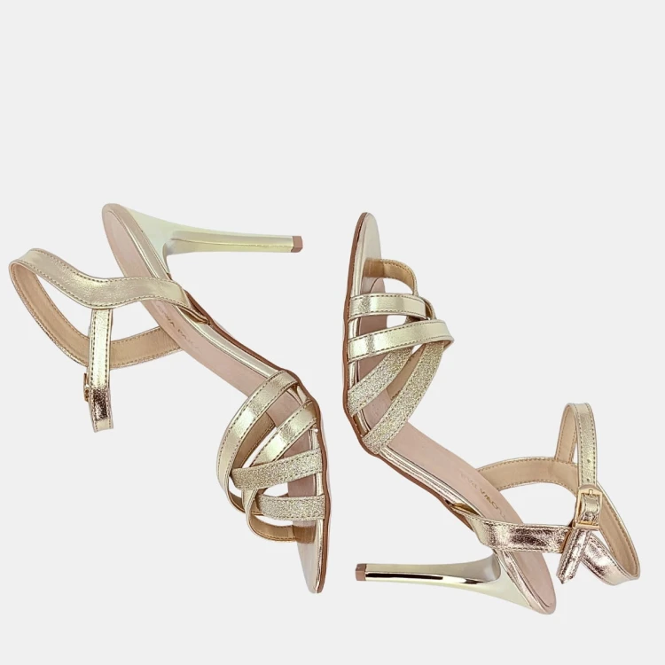 Złote Sandały Damskie STYLOWA PARA – Skóra Naturalna, Szpilka 10 cm