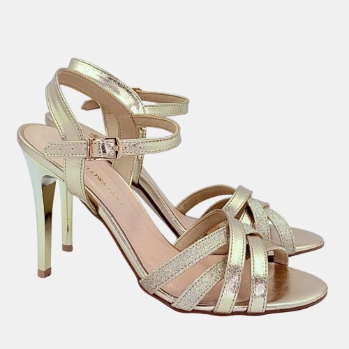 Złote Sandały Damskie STYLOWA PARA – Skóra Naturalna, Szpilka 10 cm