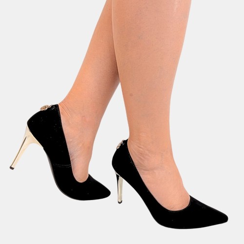 Czarne Szpilki Damskie z Złotą Szpilką i Ozdobą - STYLOWA PARA