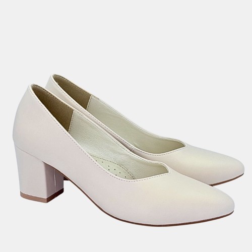 Jasnobeżowe czółenka ślubne Stylowa Para na klocku 6 cm z migdałowym noskiem