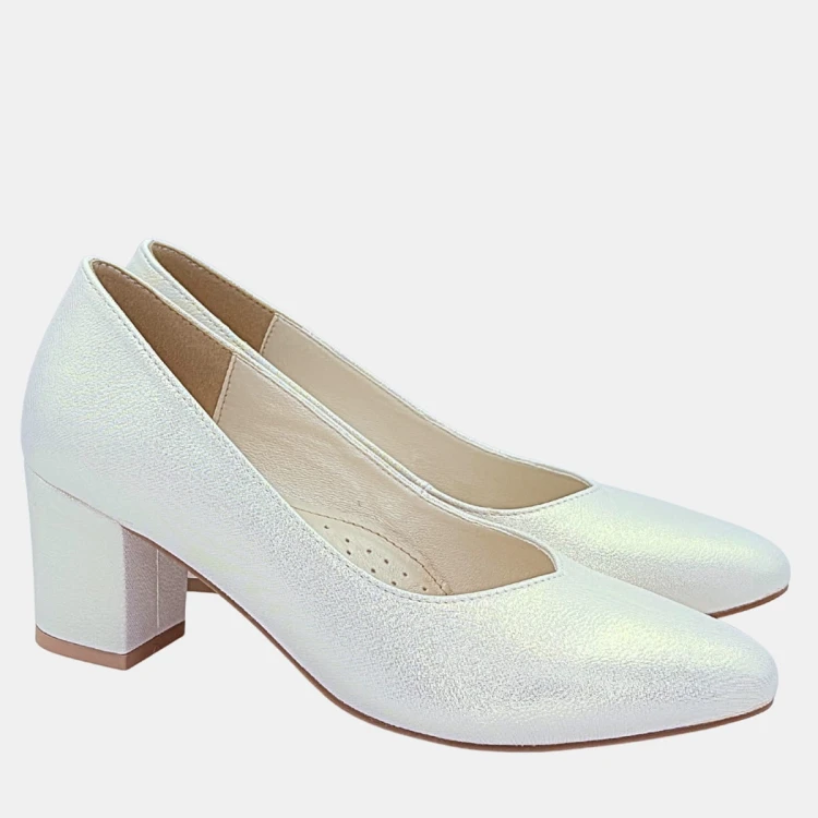 Jasnozłote czółenka ślubne Stylowa Para na klocku 6 cm z migdałowym noskiem